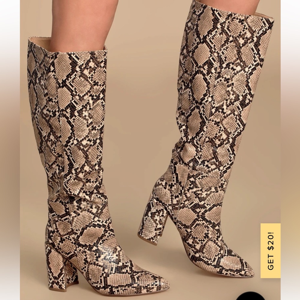 Lulus| Katari Tan Snake Pointed-Toe Knee High Boots